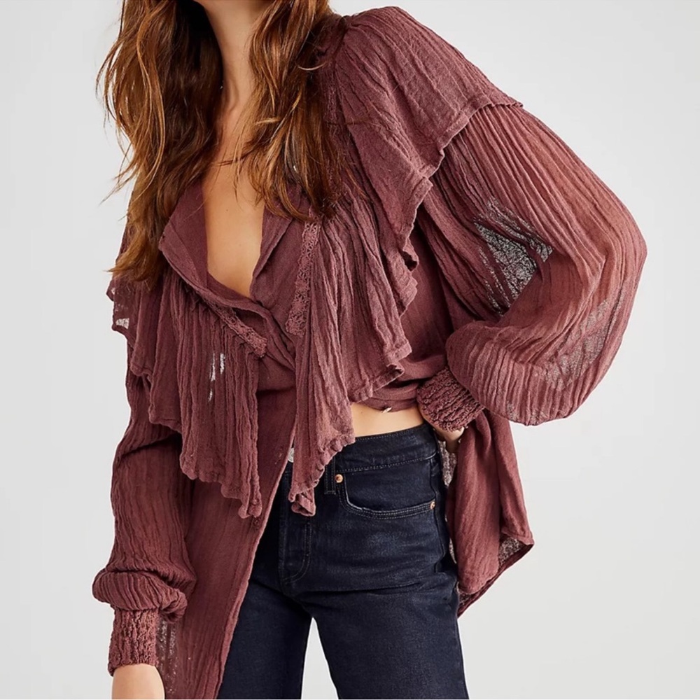 Jen's Pirate Booty x Free People ‘Alta’ Ruffled Blouse in Wine S
